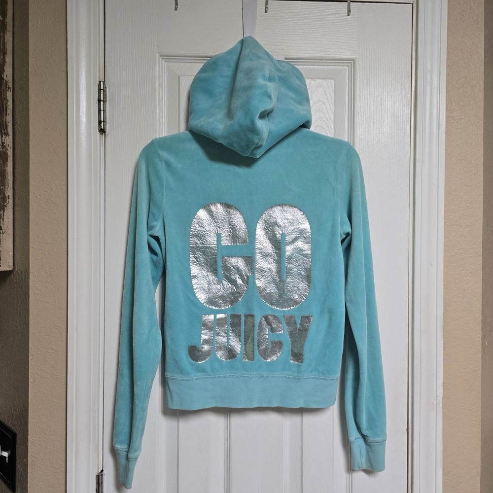 Vintage Y2K Juicy Couture Velour Hoodie M Teal Blue Silver GO JUICY Full Zip